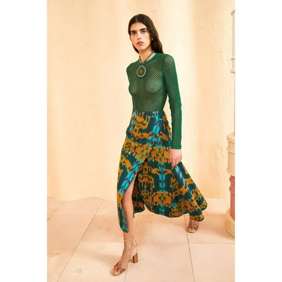 COPY - Ulla Johnson Navi Byzantine Midi Wrap Skirt Blue Yellow Green Fall Ikat … - Picture 1 of 14
